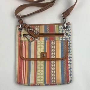 Fossil leather trim canvas Striped Crossbody shoulder Bag Tan Orange blue red